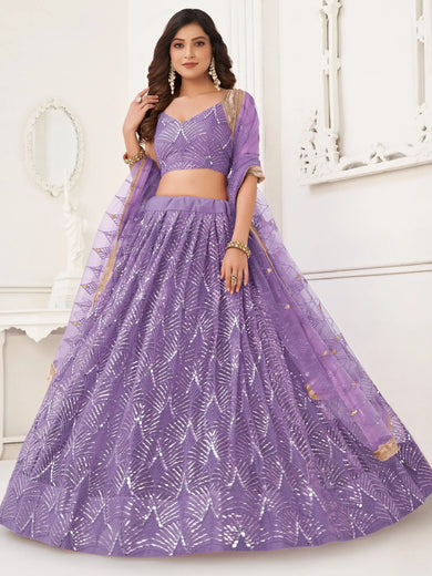 Incredible Lavender Thread Work Net Designer Lehenga Choli
